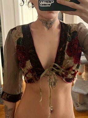 Bohemian Embroidered Silk Crop Top with Tie Front